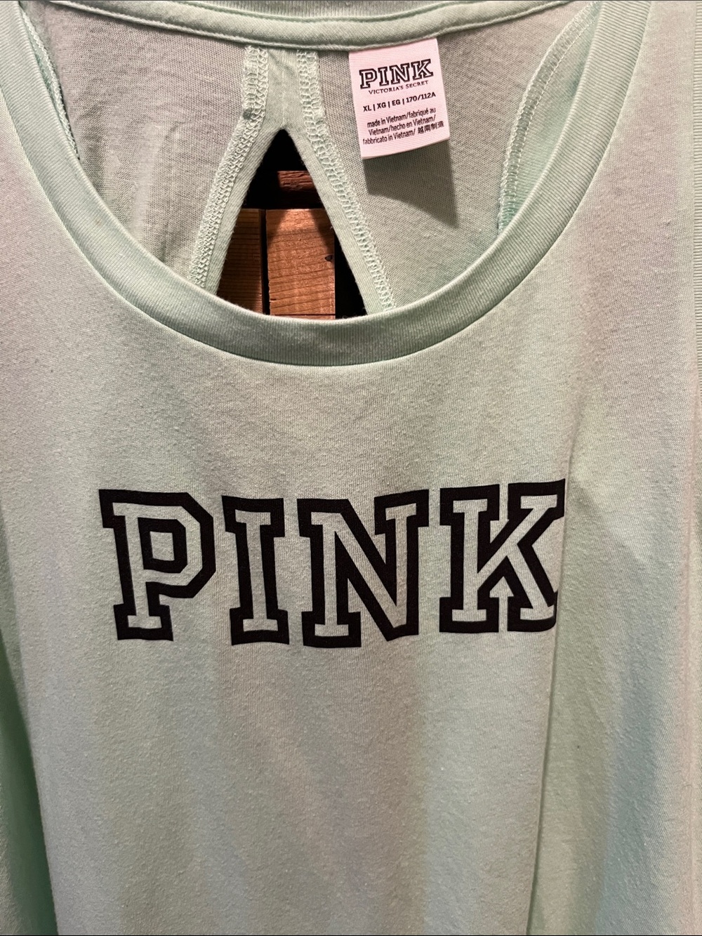 PINK Victoria's Secret Mint Green Racerback Tank with Black Logo - Picture 3 of 8